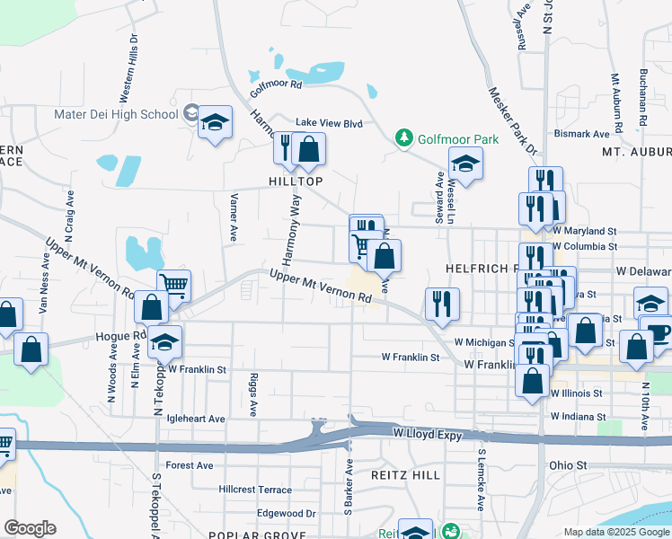 map of restaurants, bars, coffee shops, grocery stores, and more near 2908 West Delaware Street in Evansville