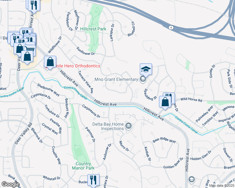 map of restaurants, bars, coffee shops, grocery stores, and more near 3516 Baywood Circle in Antioch