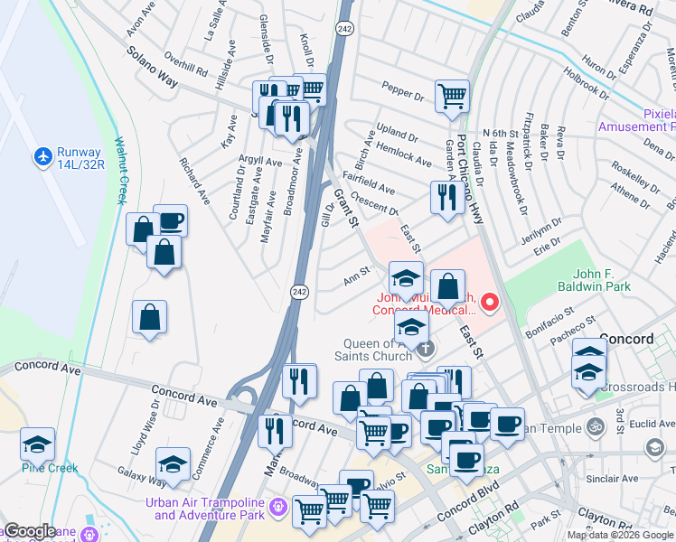 map of restaurants, bars, coffee shops, grocery stores, and more near 2143 Frederick Street in Concord