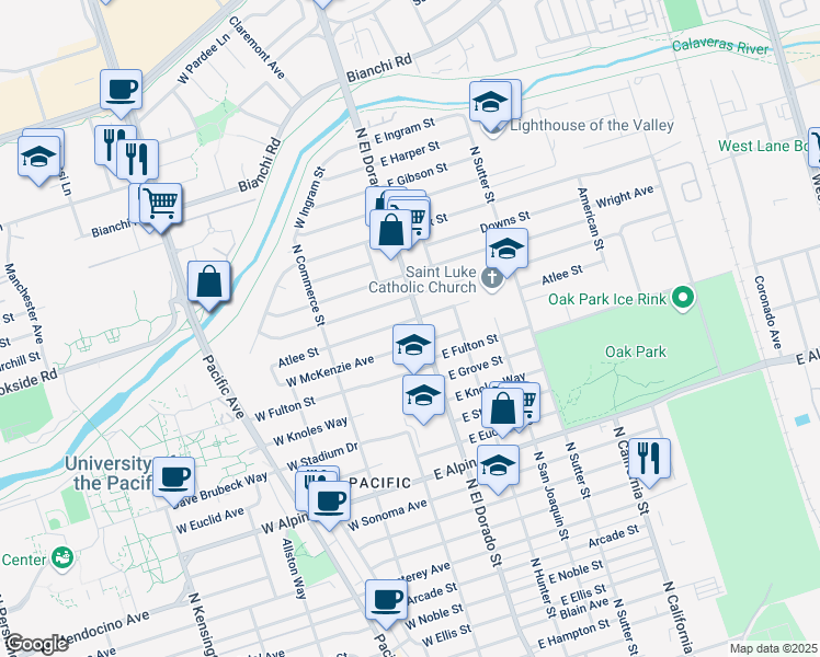 map of restaurants, bars, coffee shops, grocery stores, and more near 58 Atlee Street in Stockton