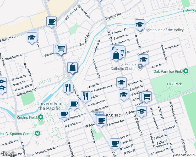 map of restaurants, bars, coffee shops, grocery stores, and more near 103 Barrymore Street in Stockton