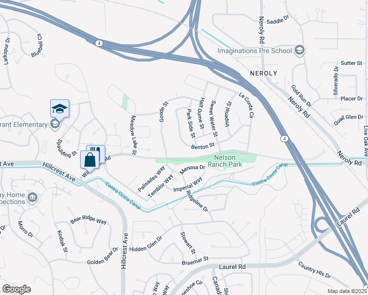map of restaurants, bars, coffee shops, grocery stores, and more near 4576 Benton Street in Antioch