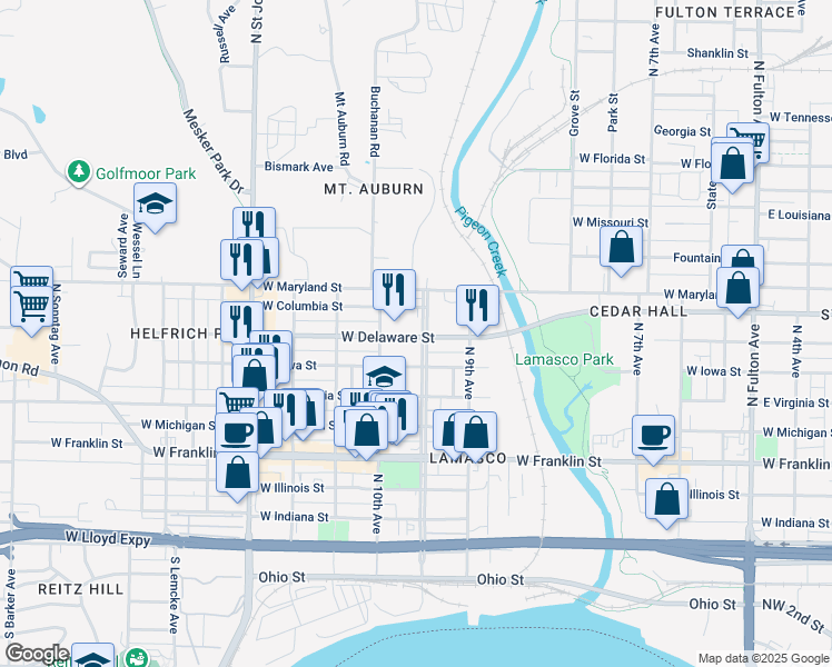 map of restaurants, bars, coffee shops, grocery stores, and more near 704 North Wabash Avenue of Flags in Evansville