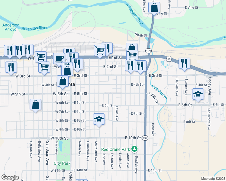 map of restaurants, bars, coffee shops, grocery stores, and more near 502 East 4th Street in La Junta