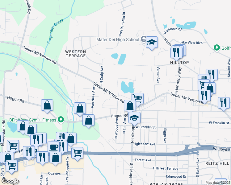 map of restaurants, bars, coffee shops, grocery stores, and more near 642 North Woods Avenue in Evansville