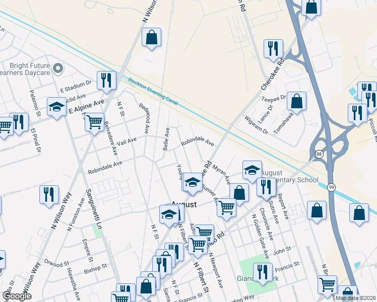 map of restaurants, bars, coffee shops, grocery stores, and more near 2451 Myran Avenue in Stockton