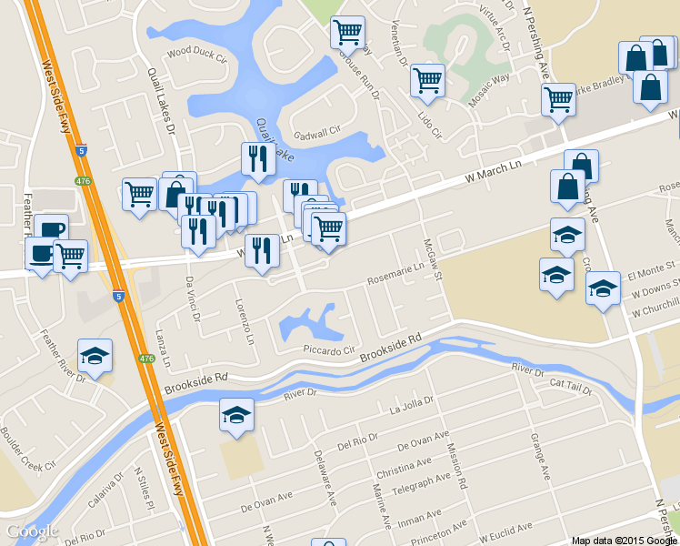 map of restaurants, bars, coffee shops, grocery stores, and more near 2125 Rosemarie Lane in Stockton