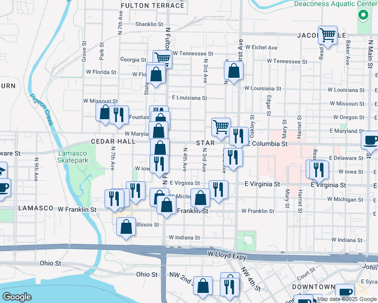 map of restaurants, bars, coffee shops, grocery stores, and more near 713 North 4th Avenue in Evansville