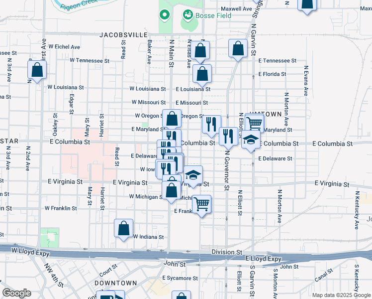map of restaurants, bars, coffee shops, grocery stores, and more near 27 East Columbia Street in Evansville