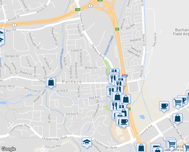 map of restaurants, bars, coffee shops, grocery stores, and more near 333 Pantano Circle in Pacheco