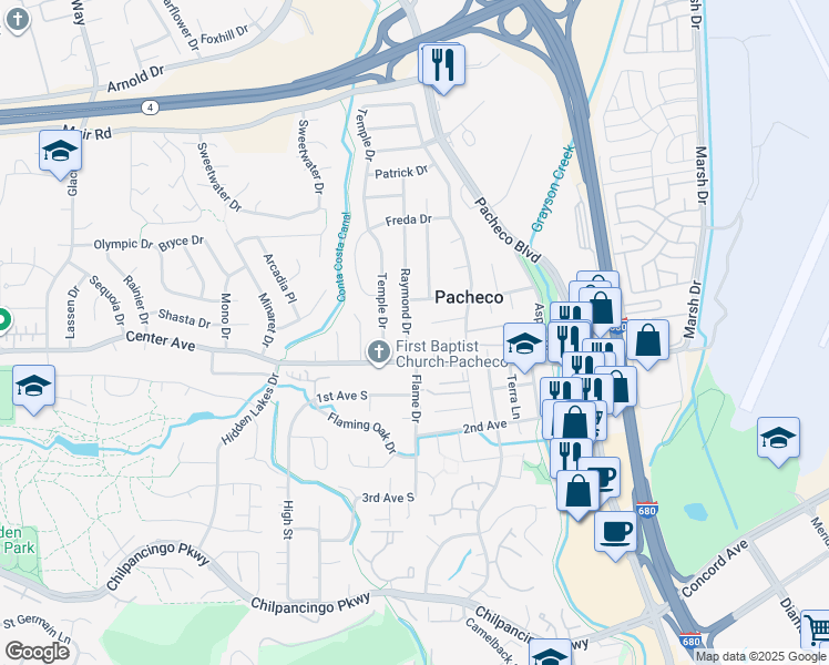 map of restaurants, bars, coffee shops, grocery stores, and more near 1241 Raymond Drive in Pacheco