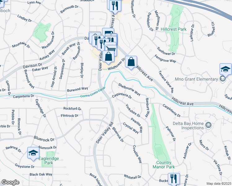 map of restaurants, bars, coffee shops, grocery stores, and more near 2345 Yorkshire Drive in Antioch