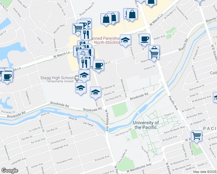 map of restaurants, bars, coffee shops, grocery stores, and more near 1201 El Monte Street in Stockton