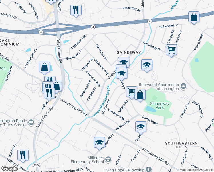 map of restaurants, bars, coffee shops, grocery stores, and more near 3508 Greentree Road in Lexington