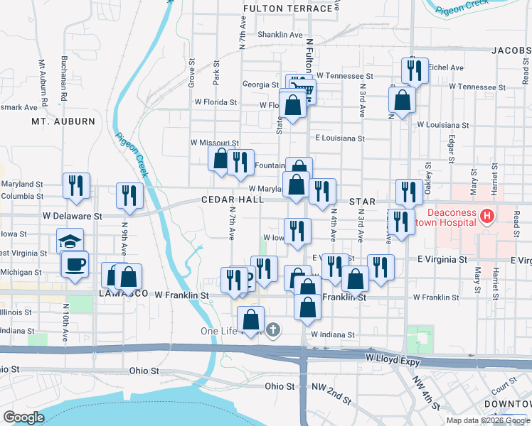 map of restaurants, bars, coffee shops, grocery stores, and more near 1325 W Delaware St in Evansville