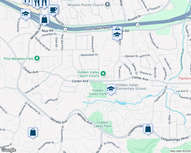 map of restaurants, bars, coffee shops, grocery stores, and more near 1736 Silverwood Drive in Martinez