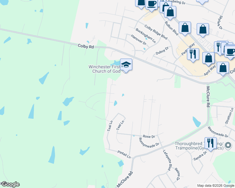 map of restaurants, bars, coffee shops, grocery stores, and more near 136 Gadwall Lane in Winchester