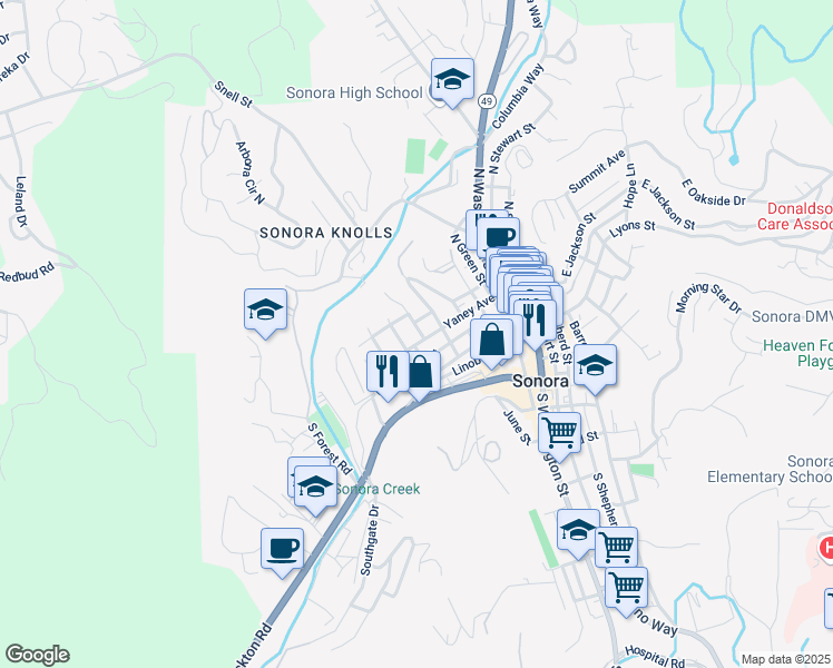 map of restaurants, bars, coffee shops, grocery stores, and more near 50 Oak Street in Sonora