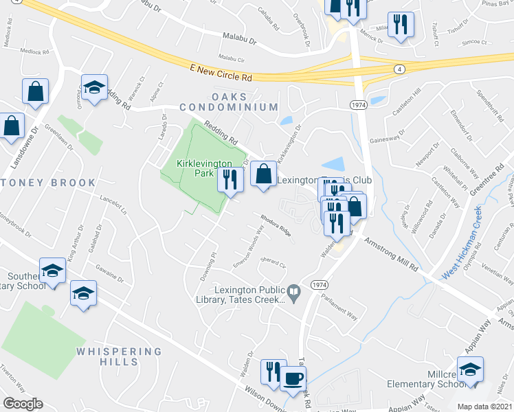 map of restaurants, bars, coffee shops, grocery stores, and more near 509 Rhodora Ridge in Lexington