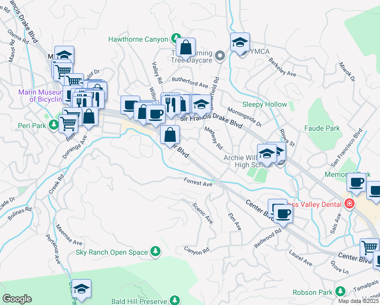 map of restaurants, bars, coffee shops, grocery stores, and more near 95 Florence Avenue in San Anselmo
