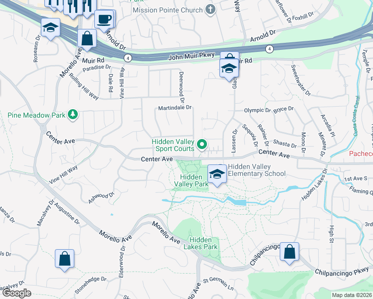 map of restaurants, bars, coffee shops, grocery stores, and more near 1736 Silverwood Drive in Martinez