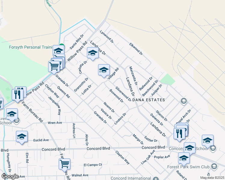 map of restaurants, bars, coffee shops, grocery stores, and more near 1836 Boxwood Drive in Concord
