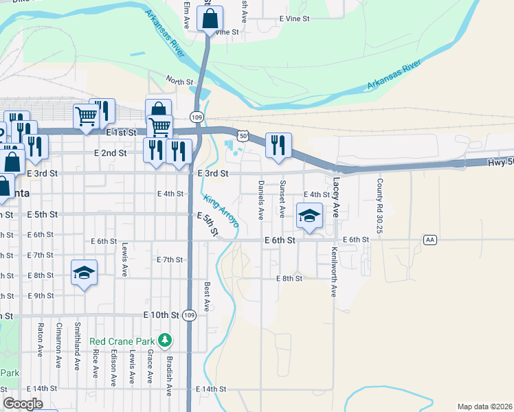 map of restaurants, bars, coffee shops, grocery stores, and more near 400-598 Daniel Ave in La Junta