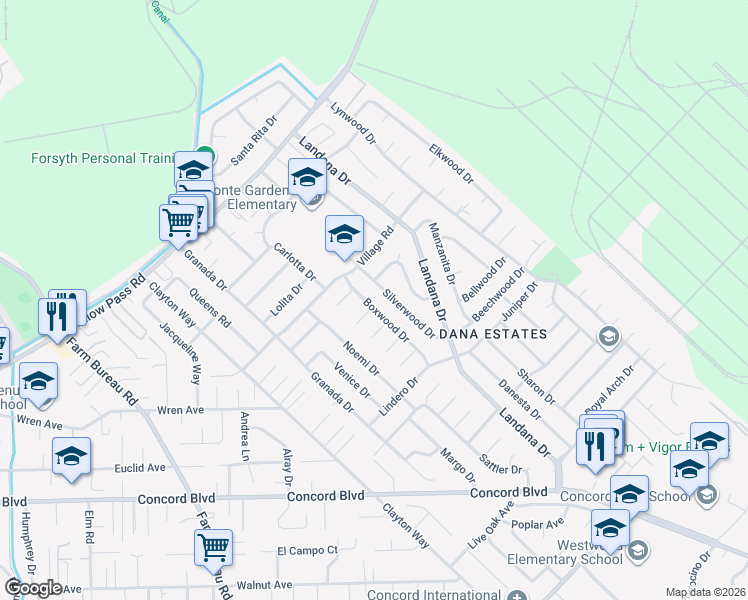 map of restaurants, bars, coffee shops, grocery stores, and more near 1836 Boxwood Drive in Concord