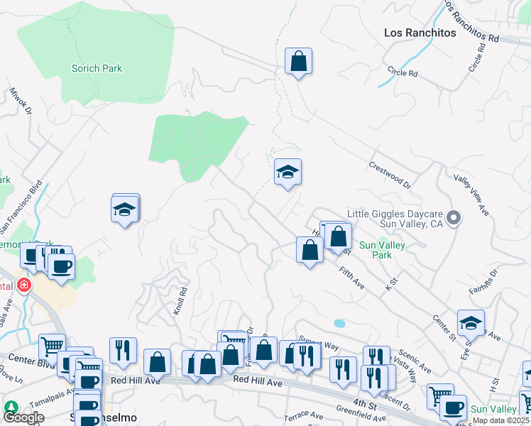 map of restaurants, bars, coffee shops, grocery stores, and more near 2327 Fifth Avenue in San Rafael