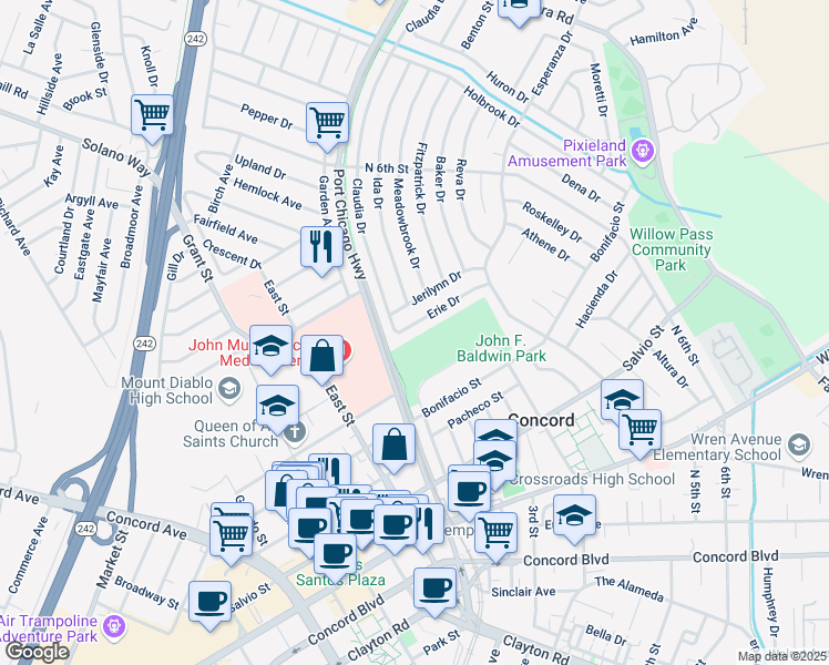 map of restaurants, bars, coffee shops, grocery stores, and more near 2525 Erie Drive in Concord