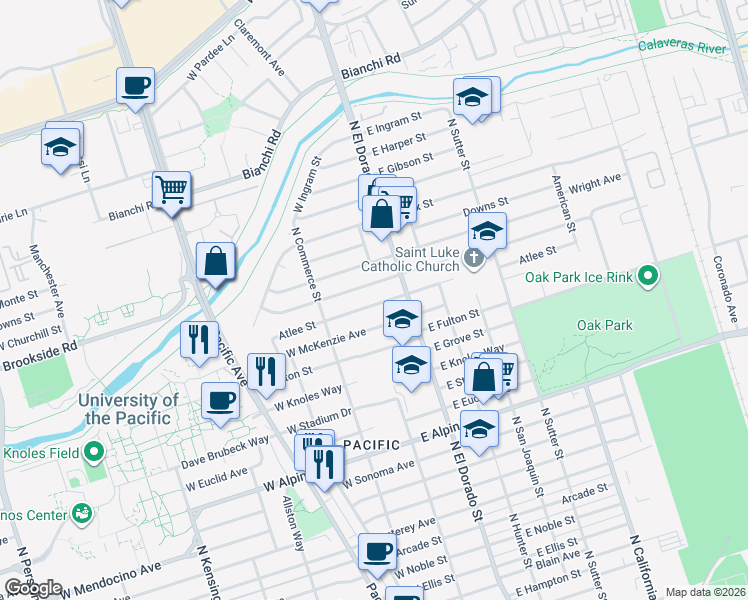 map of restaurants, bars, coffee shops, grocery stores, and more near 39 Atlee Street in Stockton