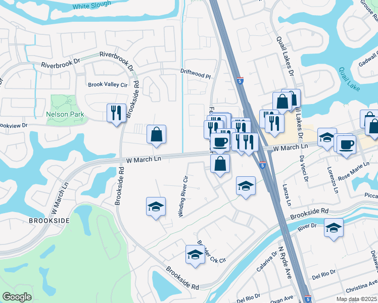 map of restaurants, bars, coffee shops, grocery stores, and more near 3031 West March Lane in Stockton