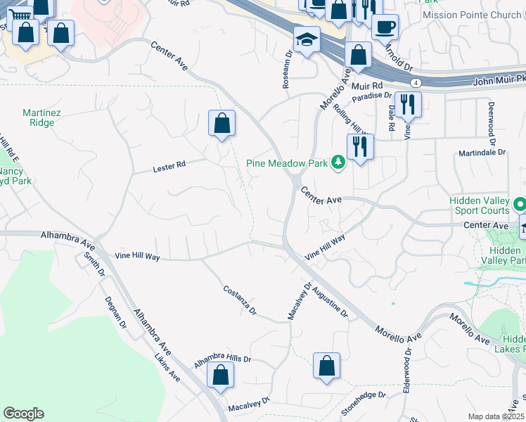 map of restaurants, bars, coffee shops, grocery stores, and more near 1230 Oakcrest Court in Martinez