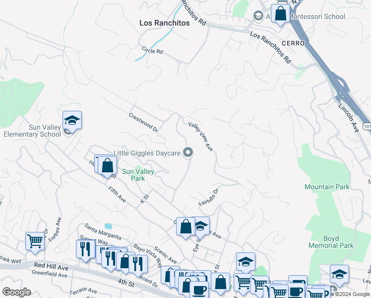 map of restaurants, bars, coffee shops, grocery stores, and more near 105 Elizabeth Way in San Rafael