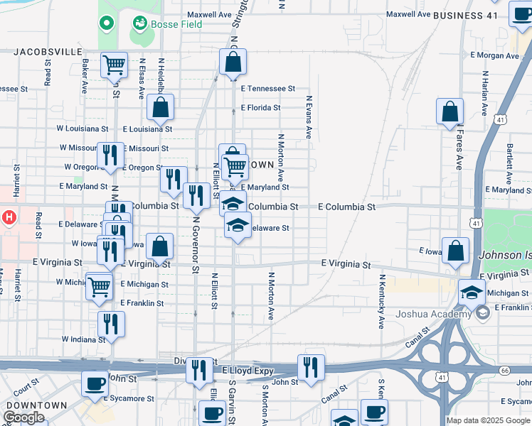 map of restaurants, bars, coffee shops, grocery stores, and more near 700-798 Sherman St in Evansville