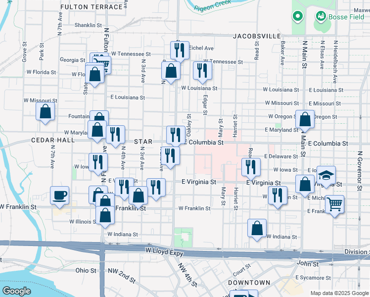 map of restaurants, bars, coffee shops, grocery stores, and more near 713 North First Avenue in Evansville
