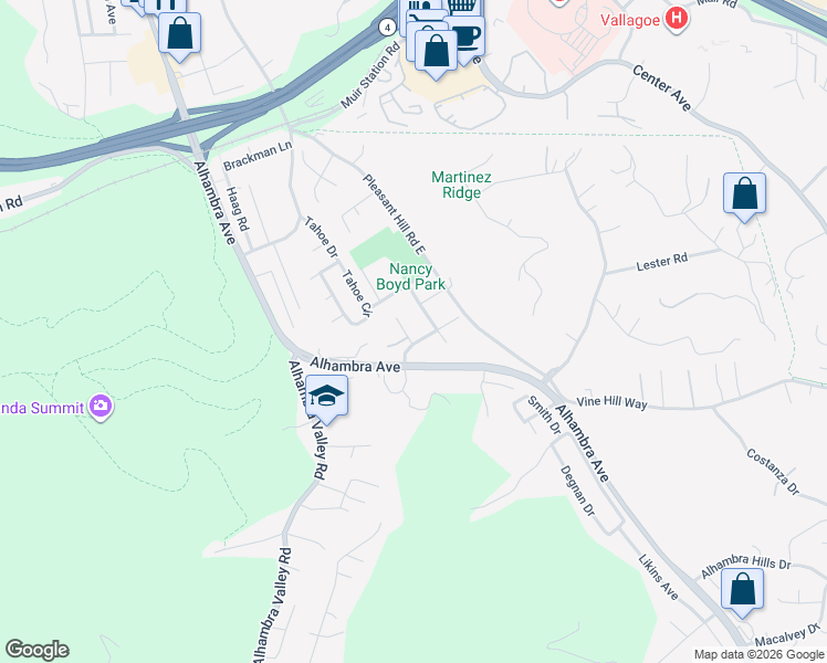 map of restaurants, bars, coffee shops, grocery stores, and more near Mackie Drive in Martinez