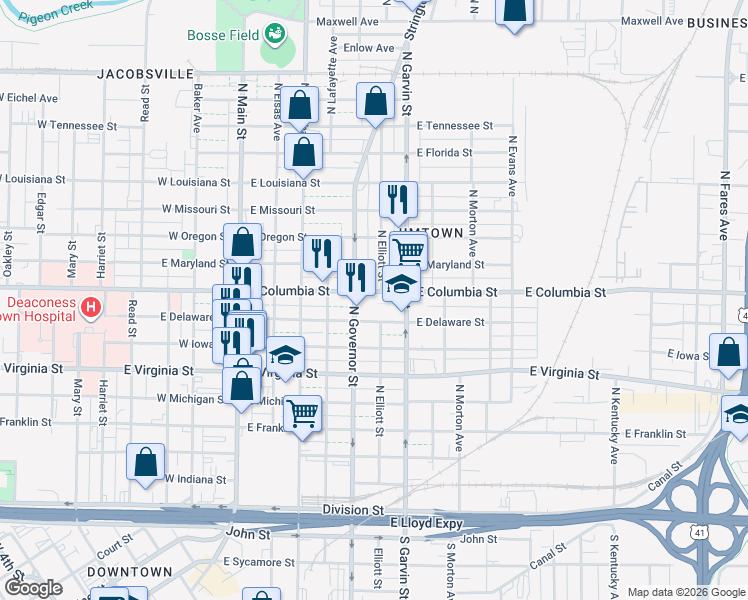 map of restaurants, bars, coffee shops, grocery stores, and more near 417 East Columbia Street in Evansville
