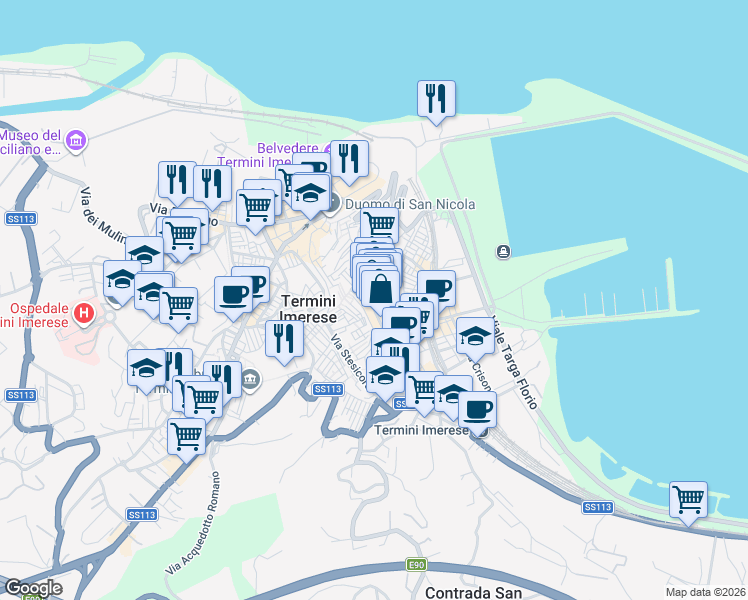 map of restaurants, bars, coffee shops, grocery stores, and more near 114 Corso Umberto e Margherita in Termini Imerese