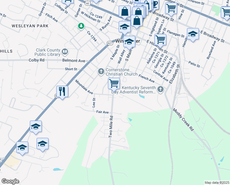 map of restaurants, bars, coffee shops, grocery stores, and more near 381 South Main Street in Winchester