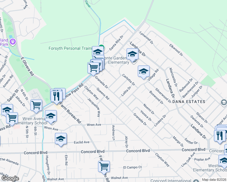 map of restaurants, bars, coffee shops, grocery stores, and more near 1866 Granada Drive in Concord