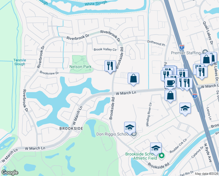 map of restaurants, bars, coffee shops, grocery stores, and more near 3409 Brookside Road in Stockton
