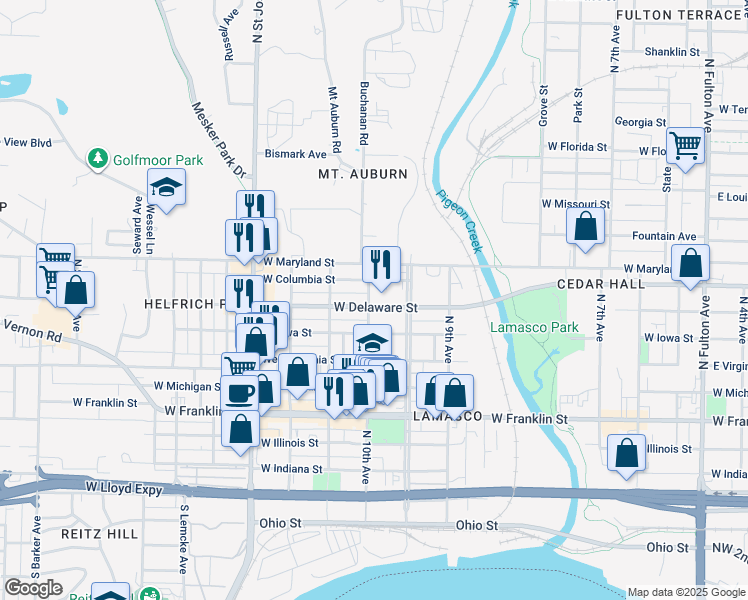 map of restaurants, bars, coffee shops, grocery stores, and more near 703 North 10th Avenue in Evansville
