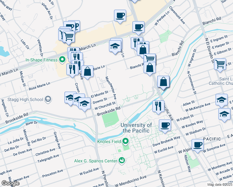 map of restaurants, bars, coffee shops, grocery stores, and more near 4132 Manchester Avenue in Stockton