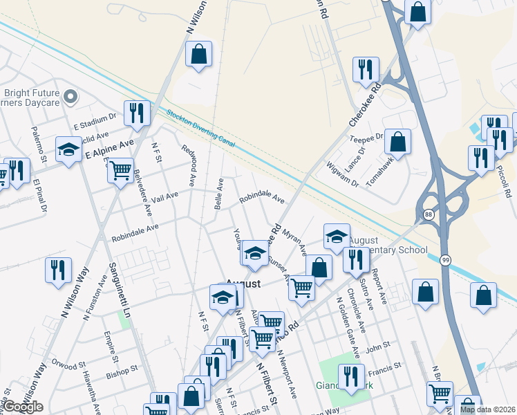 map of restaurants, bars, coffee shops, grocery stores, and more near 2451 Myran Avenue in Stockton