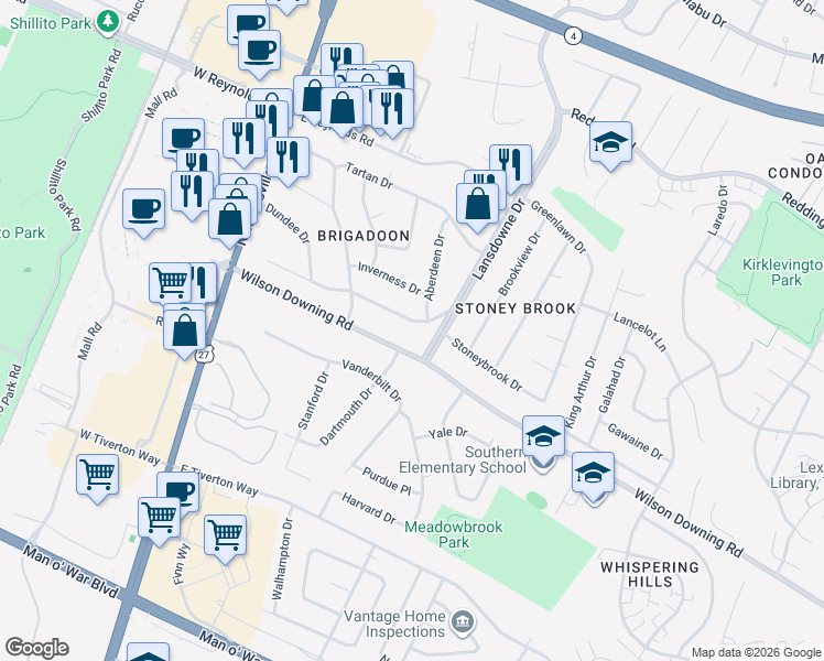 map of restaurants, bars, coffee shops, grocery stores, and more near 218 Loch Lomond Drive in Lexington