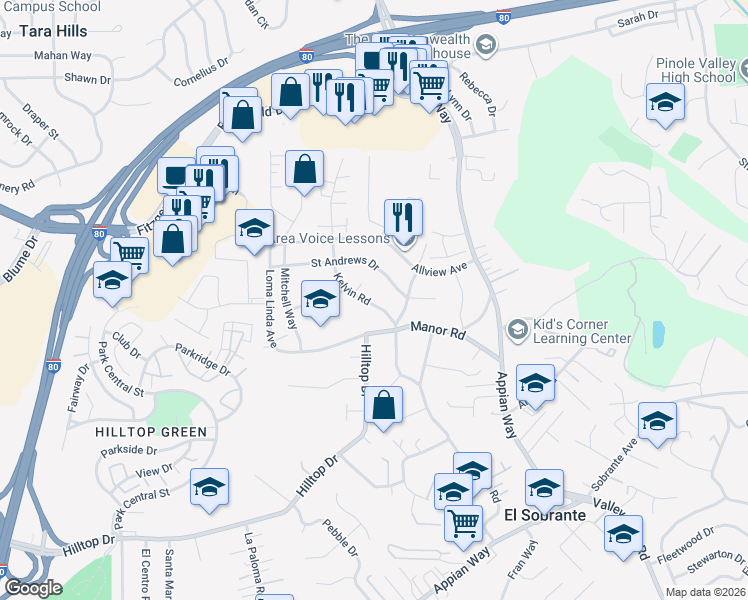 map of restaurants, bars, coffee shops, grocery stores, and more near 936 Kelvin Road in El Sobrante