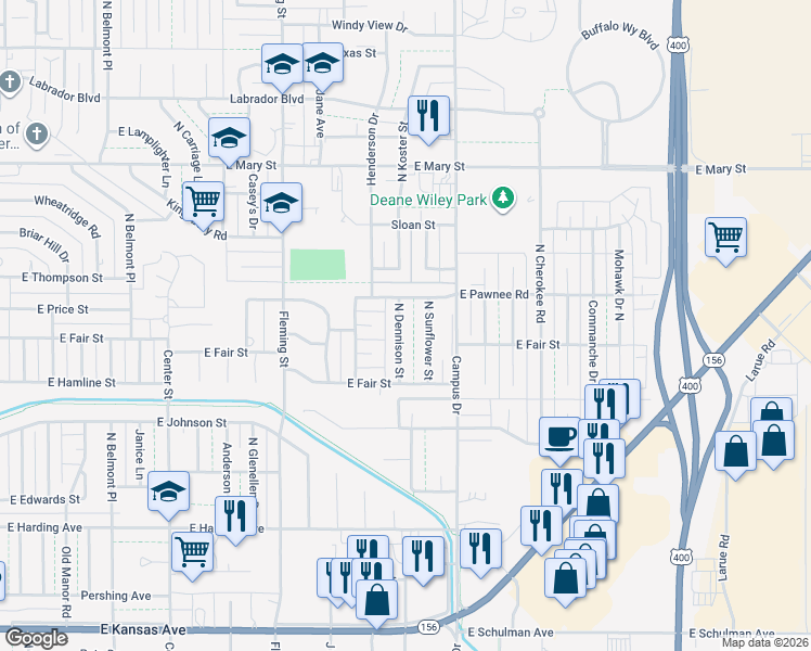map of restaurants, bars, coffee shops, grocery stores, and more near 2106 North Dennison Street in Garden City