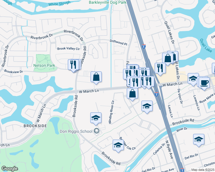 map of restaurants, bars, coffee shops, grocery stores, and more near 3031 West March Lane in Stockton