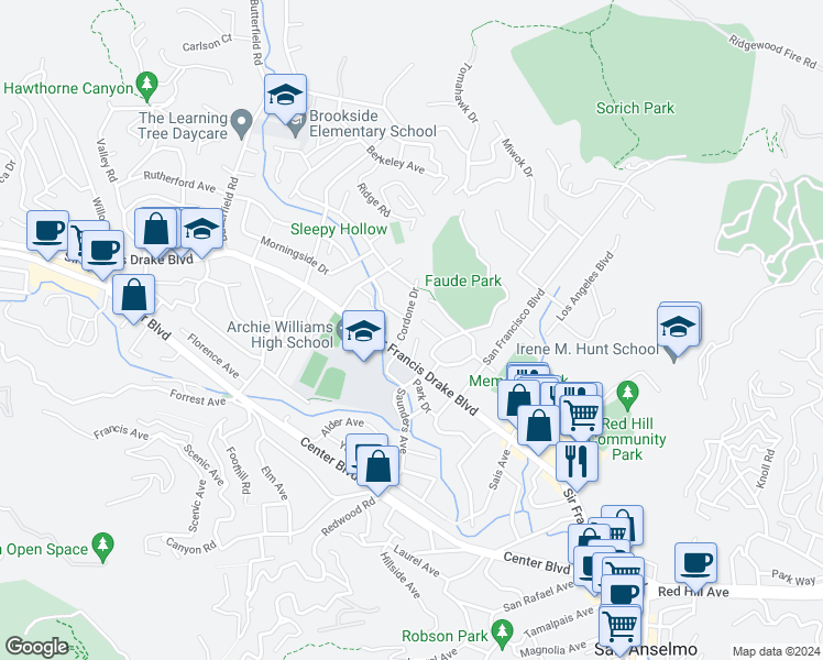 map of restaurants, bars, coffee shops, grocery stores, and more near 26 Cordone Drive in San Anselmo